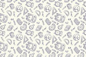 Back to school doodle style seamless pattern. Hand drawn stationary illustration design on a beige background for package, background. vector