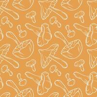 Seamless pattern with inedible and edible mushroom in line art style on yellow background. Chanterelle, Autumn Skullcap, Deadly Webcap design for wrapping paper, kitchen wallpaper, print, store vector