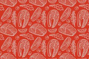 Seamless pattern with Salmon steak, herbs, vegetable in line art style on a red background. Tomato, slices of lemon, rosemary, arugula. Red fish design for menu, kitchen wallpaper, package, wrapping. vector