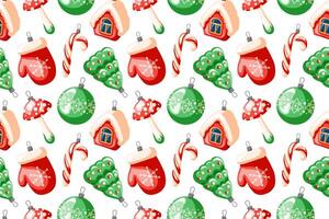 Christmas and Happy New Year seamless pattern with Christmas toys in cartoon style. Retro decoration for tree in shape of house, candy cane, tree, mitten, fly agaric. vector