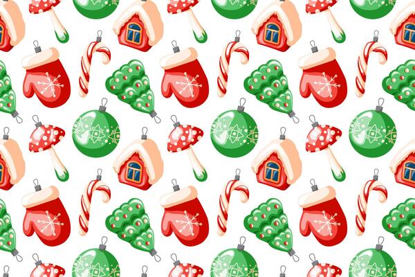 Christmas and Happy New Year seamless pattern with Christmas toys in cartoon style. Retro decoration for tree in shape of house, candy cane, tree, mitten, fly agaric.
