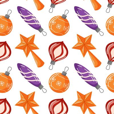 Christmas seamless pattern with tree ball and star in cartoon style. Retro toy background for design package, holiday paper, festive decor.