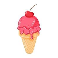 Cherry ice cream cone with pink melting scoop and red cherry on top in waffle cone in cartoon style. Perfect for dessert menu, summer sweet or food graphic design. Isolated on a white background. vector