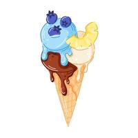 Ice cream cone with vanilla, mint and chocolate scoop in cartoon style. Blueberry and pineapple slice on top in waffle cone. Perfect for cafe menu, summer packaging graphic design. vector
