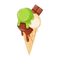 Ice cream cone with vanilla, pistachio and dark chocolate scoop in cartoon style. Chocolate bar on top in waffle cone. Perfect for cafe menu, summer packaging graphic design. vector