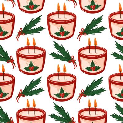 Seamless pattern with Aroma candle, red Christmas berries, evergreen branch in a candlestick cartoon style. Scented candle in jar. Design for gift package, banner, postcard, wallpaper.
