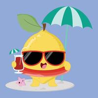 Cute And Happy Lemon Fruit Cartoon Character Enjoying The Beach While Drinking Fresh Juice vector