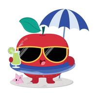Cute And Happy Red Apple Fruit Cartoon Character Enjoying The Beach While Drinking Fresh Juice vector