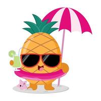 Cute And Happy Pineapple Fruit Cartoon Character Enjoying The Beach While Drinking Fresh Juice vector