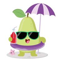 Cute And Happy Pear Fruit Cartoon Character Enjoying The Beach While Drinking Fresh Juice vector
