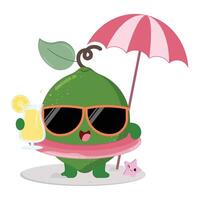 Cute And Happy Lime Fruit Cartoon Character Enjoying The Beach While Drinking Fresh Juice vector
