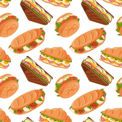 Seamless pattern with avocado toast, sandwiches, bagel, croissant, baguette in flat style. Perfect for delivery design, restaurant menu, kitchen wallpaper and food package on a white background.