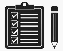 Black and white clipboard with check marks and a pencil icon vector