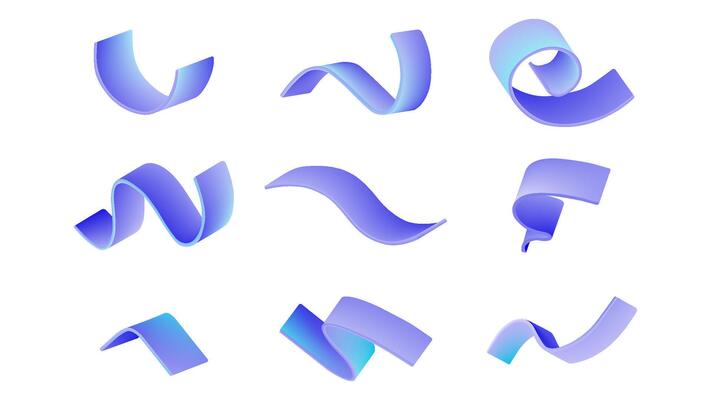 Blue gradient wave with abstract ribbon. Dynamic 3D confetti in motion. Fluid hologram swirl element with multicolor texture. Modern party banner with futuristic for trendy celebration design