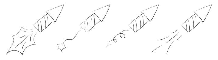 Firework party rocket for birthday or new year to celebrate. Firecracker burst icon for anniversary. Doodle line congratulation explosion with ribbon design. Festive bomb isolated outline pictogram vector