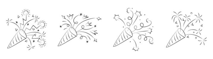 Confetti popper line icon for birthday or anniversary surprise party with firecracker. New Year explosion drawing for celebration. Tada happy xmas greeting doodle set. Festival ribbon cracker. vector