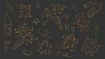 Gold firework and confetti burst background. Line anniversary celebrate spark or New Year pattern. Birthday firecracker boom and ribbon explosion ray outline doodle design. Surprise party event set. vector