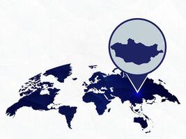 Mongolia detailed map highlighted on blue rounded World Map. vector