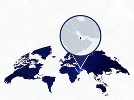 Qatar detailed map highlighted on blue rounded World Map. vector