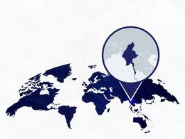Myanmar detailed map highlighted on blue rounded World Map. vector