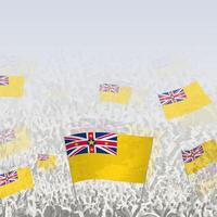 Crowd of people waving flag of Niue square graphic for social media and news. vector