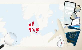 Denmark map and flag, cargo plane on the detailed map of Denmark with flag. vector