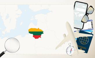 Lithuania map and flag, cargo plane on the detailed map of Lithuania with flag. vector