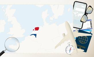 Netherlands map and flag, cargo plane on the detailed map of Netherlands with flag. vector