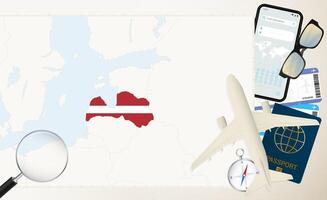Latvia map and flag, cargo plane on the detailed map of Latvia with flag. vector