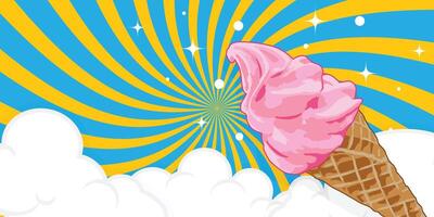 Strawberry ice cream cone with swirl and cloud pattern background vector