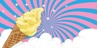 Background has swirls and clouds pattern. Foreground is ice cream cone vector