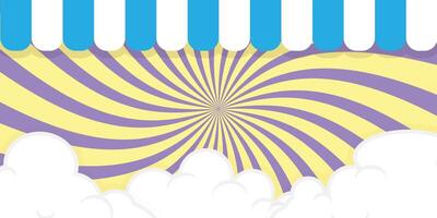 Radial background with swirls, foreground with clouds and colorful hanging flags vector