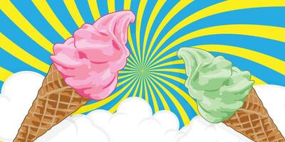 Two ice cream cones with a spiral and cloud pattern background vector