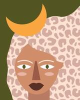 Stylized illustration of a face with a geometric design, featuring a crescent moon and abstract patterns. Earthy tones and bold shapes create a modern artistic expression. vector