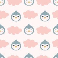 Cute Penguin Faces with Clouds Seamless Pattern. Ideal for children's designs, nursery decor, and playful backdrops. vector