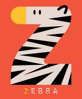 Bold illustration of the letter Z designed as a zebra with striking black and white stripes on a vibrant orange background perfect for educational and artistic projects. vector