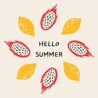 Hello Summer Fruits Illustration with Tropical Vibes. Bright round frame made of fruits. vector