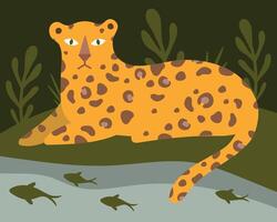 Relaxed Leopard by River in Jungle Illustration. The scene captures the tranquility of the jungle, with fish swimming in the water. vector