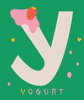 Colorful illustration featuring a stylized yogurt letter Y with strawberry and yogurt elements on a vibrant green background, conveying a playful and fresh theme. vector