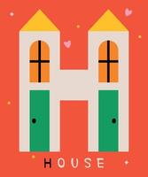 Creative illustration of a house design resembling the letter H. Featuring vibrant colors and heart accents on a bold background, ideal for playful, modern design projects. vector