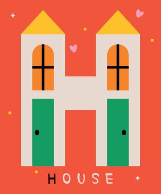 Creative illustration of a house design resembling the letter H. Featuring vibrant colors and heart accents on a bold background, ideal for playful, modern design projects.