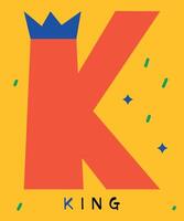 Bold Letter K with Blue Crown Illustration. Bold red letter K adorned with a blue crown on a vibrant yellow background. vector