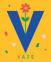 Playful illustration depicting a bold blue letter V integrated with a colorful flower in a vase. The bright yellow background and decorative elements convey a cheerful, artistic design. vector