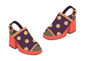 illustration of stylish slingback high heels with vibrant floral pattern and chunky heels. The colorful design features daisy prints, ideal for fashion and design projects. vector