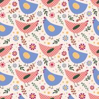 Colorful Boho Chicken Seamless Pattern Illustration With Flowers. Perfect for textiles, backgrounds, and more. vector