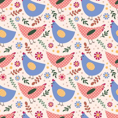 Colorful Boho Chicken Seamless Pattern Illustration With Flowers. Perfect for textiles, backgrounds, and more.