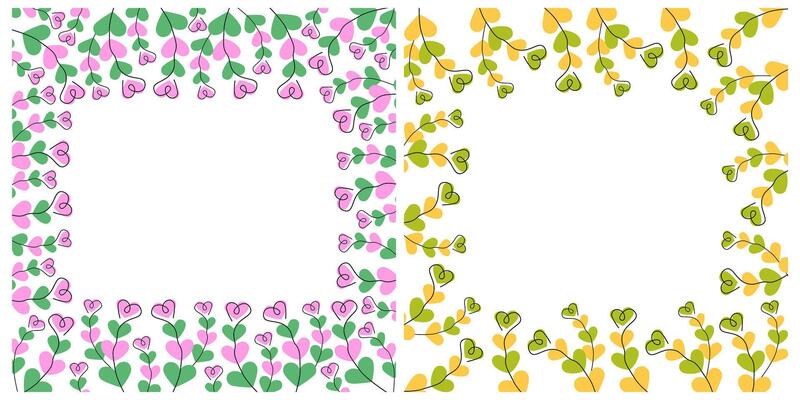 Freehand Heart Shape Colorful Floral Frames Spring and Summertime Greeting Copy space Template Set. Isolated Illustration Spring or Summer Thematic Cards, Party invites or banner, leaflets, tag