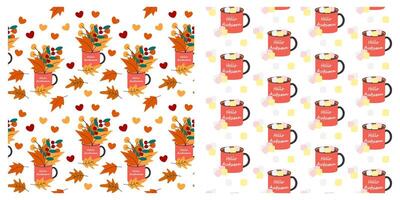 Autumn leaves Bouquet and Marshmallow cubes in a cup with Hello Autumn text Seamless Patterns Set. Isolated illustration Fall Thematic or Holiday Cards Fond, promo banner, leaflet, price, label vector