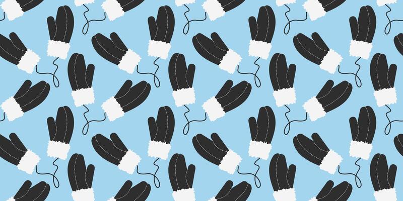Mittens with fur and stich decor on rope Seamless Pattern Black and white on blue Winter Background. Isolated illustration Winter Clothes Thematic or Greeting Cards, promo banner, leaflets, tag