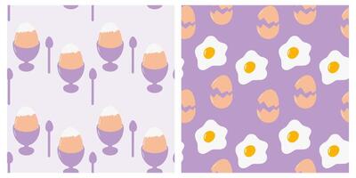 Boiled egg in Egg Bow and Fried eggs with cracked Eggshell Seamless Pattern Breakfast Backdrop Set. Isolated illustration Food Poster Background Greeting Thematic cards, banners, leaflets, tag vector